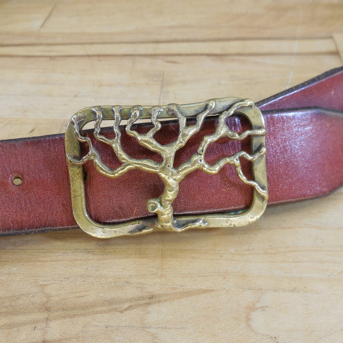 1970's Signed Baldwin Brutalist Brass Tree Buckle Leather Belt Hippie
