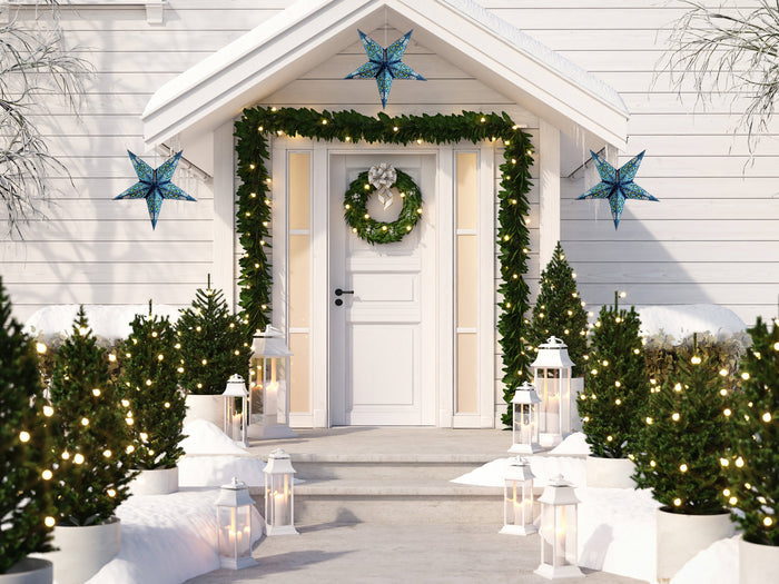 3-PACK | 24 Inch Paper Star Lantern, Blue Galactic Glitter KIT with Triple Pendant Light Included