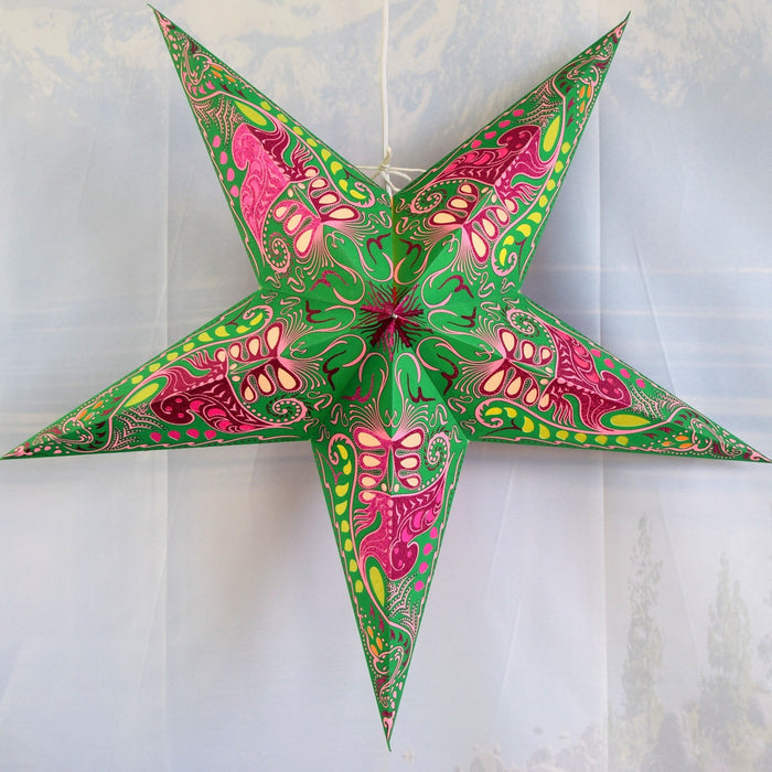 3-PACK | 24 Inch Paper Star Lantern, Green Pink Nebula KIT with Triple Pendant Light Included