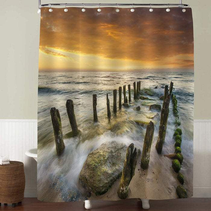 Abandon Jetty by Seaside During Sunset Shower Curtain - Gold Sand