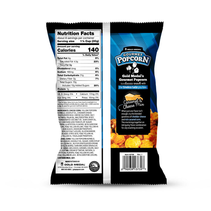 back of Caramel and Cheese Mix gourmet popcorn bag with nutritional information