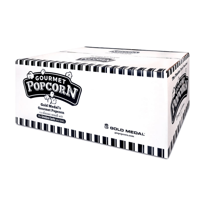 large white cardboard box with Gourmet Popcorn logo