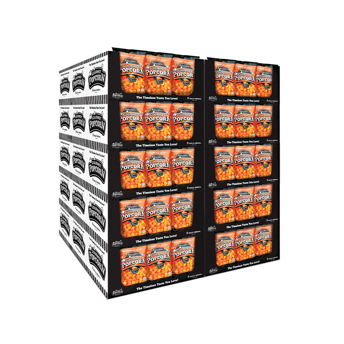 ten cases of cheddar cheese gourmet popcorn stacked into a display