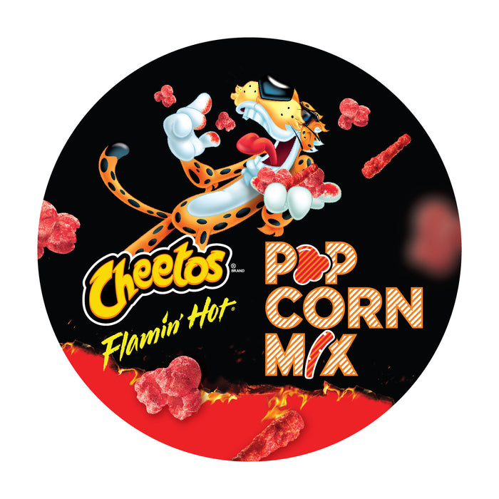 Circle graphic of Chester Cheeto with the words Cheetos Flamin Hot Popcorn Mix