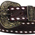 Chocolate Tooled Belt with White Buckstitch