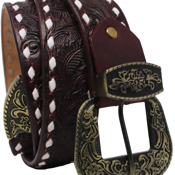 Chocolate Tooled Belt with White Buckstitch
