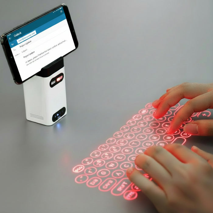 Virtual Laser Projection Keyboard projecting full-size QWERTY keyboard on flat surface with Bluetooth connectivity and compact USB charging unit