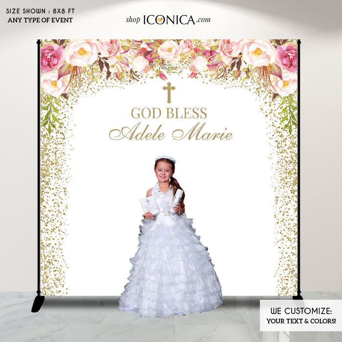 Floral First Communion Backdrop, Personalized Christening Photo Booth