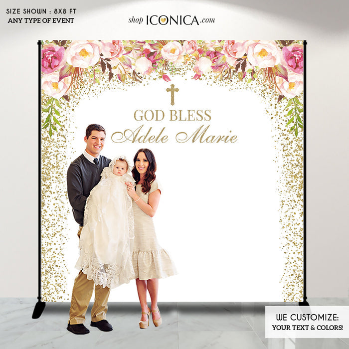 Floral First Communion Backdrop, Personalized Christening Photo Booth