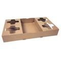 Brown cardboard tray with openings for four popcorn cups, snacks, or drinks and a center opening for other items.