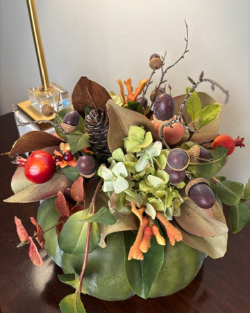 Green Pumpkin with Acorns and Fall Foliage