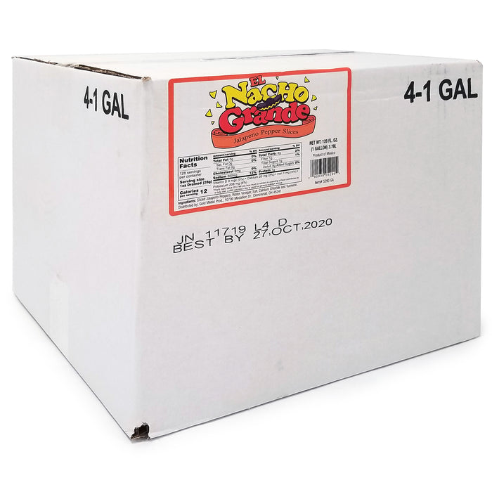 White box holding four 1 gallon jars of jalapeno pepper slices.
