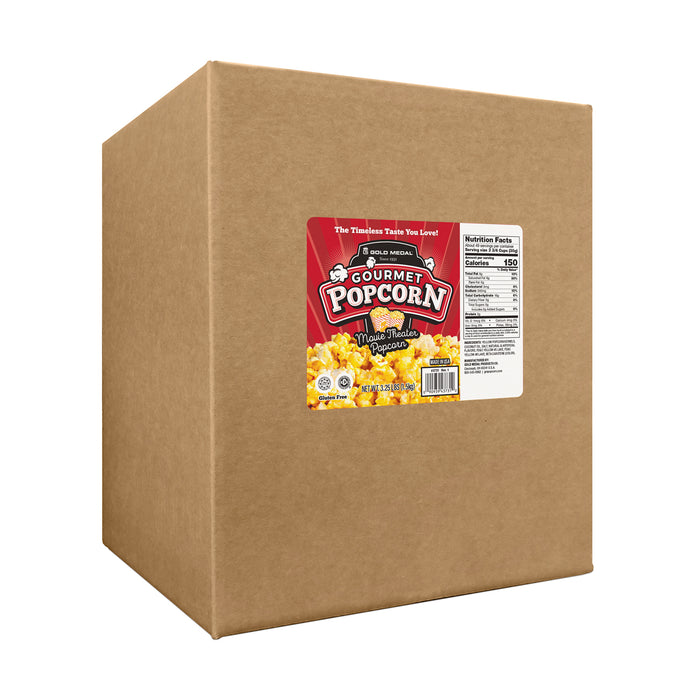 brown cardboard box with label reading Movie Theater Popcorn Gourmet Popcorn