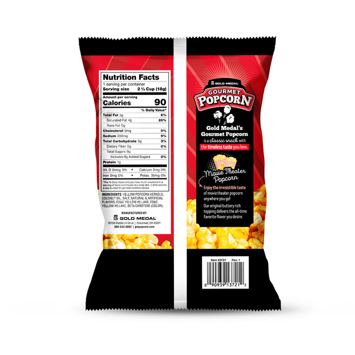 back view of bag of movie theater popcorn ready-to-eat gourmet popcorn