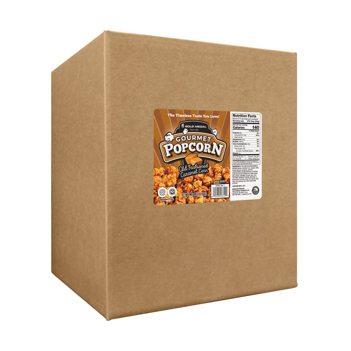 brown cardboard box with label reading Old Fashioned Caramel Corn Gourmet Popcorn