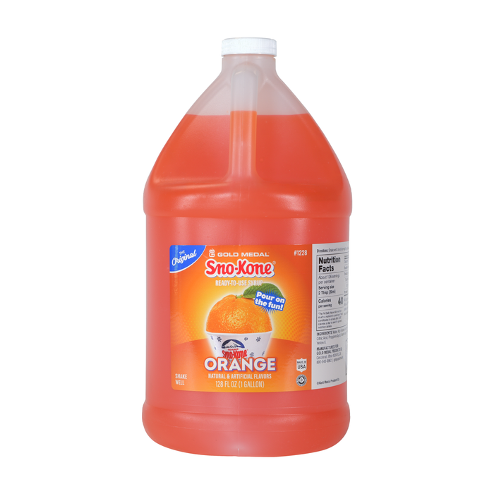 one gallon jug of orange Sno-Kone syrup