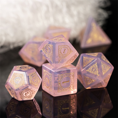 Pink Opalite with Runes - Engraved with Gold Stone Dice Foam Brain Games