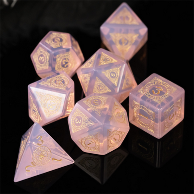 Pink Opalite with Runes - Engraved with Gold Stone Dice Foam Brain Games