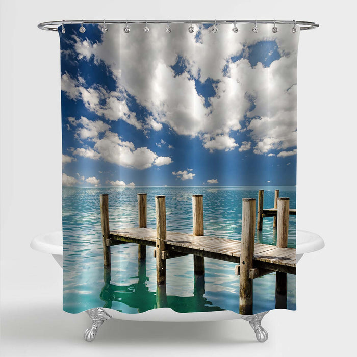 Wooden Boat Jetty Near the Lake Shore with Cloudy Sky Shower Curtain - Blue Green