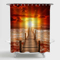 Wooden Pier for Boats in the Ocean Sunset Shower Curtain - Red Gold