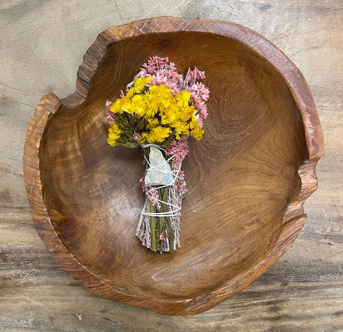 Yellow & Pink Floral Smudge Wand with Quartz Crystal